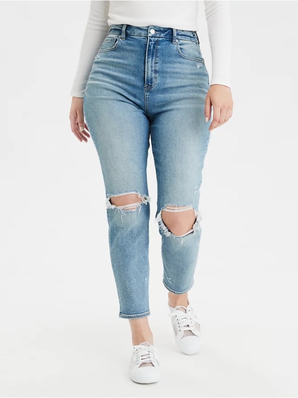 American Eagle Stretch Ripped Knee High Rise Curvy Mom Jeans Blue 12 Distressed